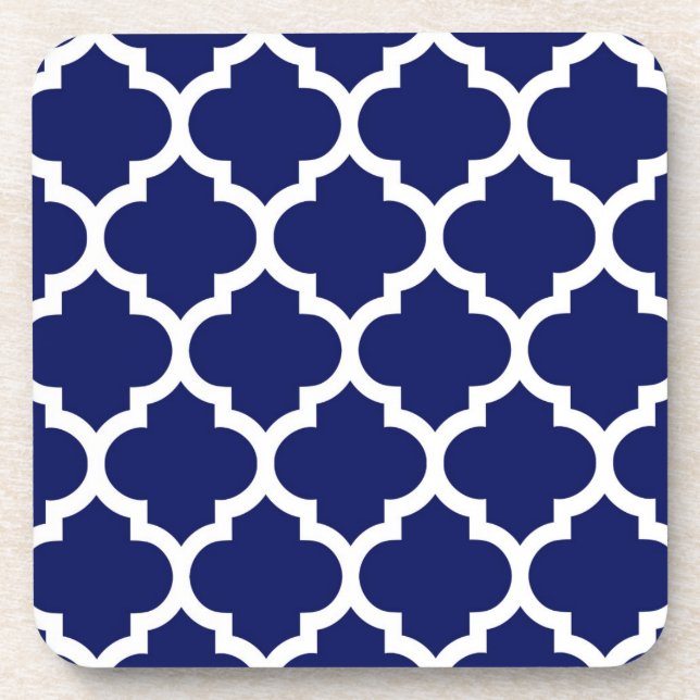 Navy Blue White Moroccan Quatrefoil Pattern #5 Coaster (Front)