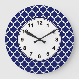 Navy Blue White Moroccan Quatrefoil Pattern #5 Large Clock