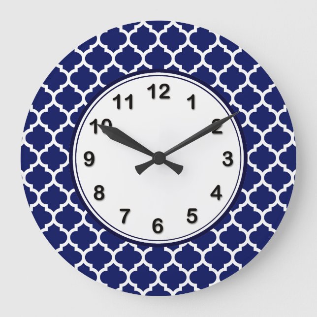 Navy Blue White Moroccan Quatrefoil Pattern #5 Large Clock (Front)