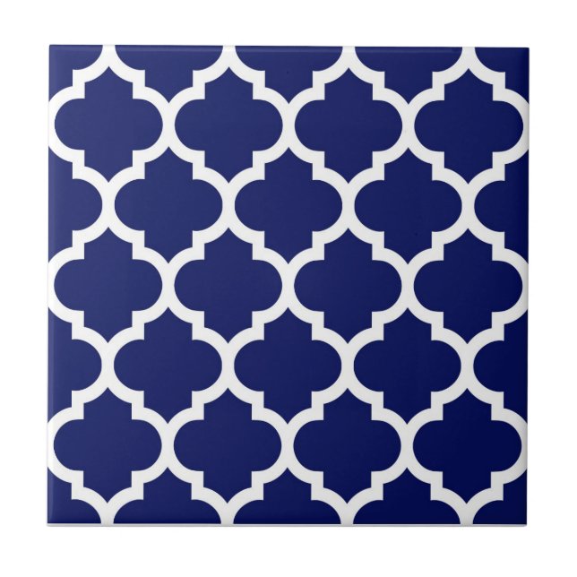 Navy Blue White Moroccan Quatrefoil Pattern #5 Tile (Front)