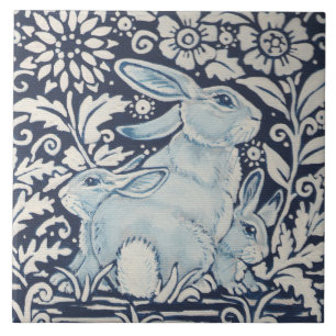 Navy Blue White Mummy & Baby Rabbit Spring Floral Ceramic Tile