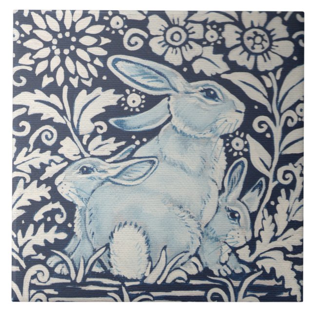 Navy Blue White Mummy & Baby Rabbit Spring Floral Ceramic Tile (Front)