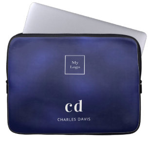 Navy blue white name initails business logo laptop sleeve
