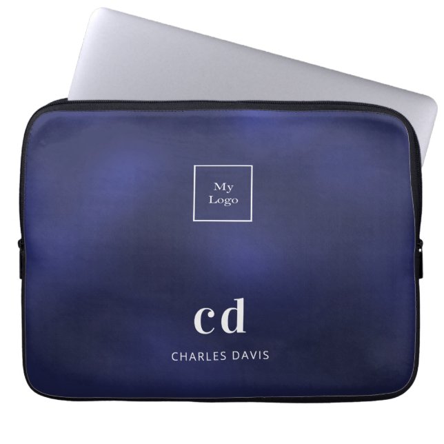 Navy blue white name initails business logo laptop sleeve (Front)