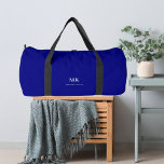 Navy blue white name monogram duffle bag<br><div class="desc">Navy blue background,  white text. Personalise and add your monogram initials and full name.</div>
