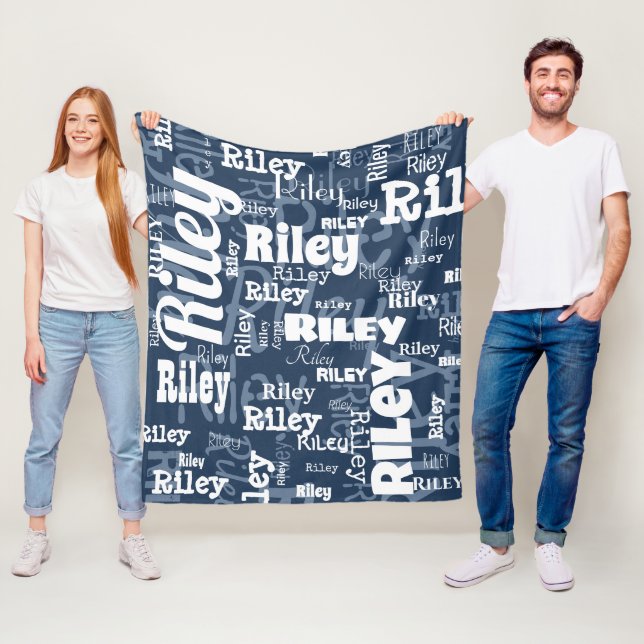Navy Blue & White Name Pattern Personalised Fleece Blanket (In Situ)