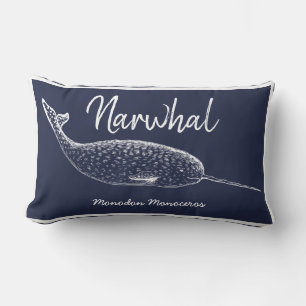 Navy Blue & White Narwhal Whale Lumbar Cushion