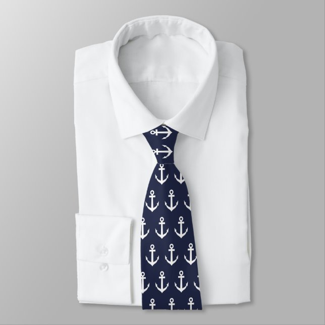 Navy blue & white nautical anchor pattern neck tie (Tied)