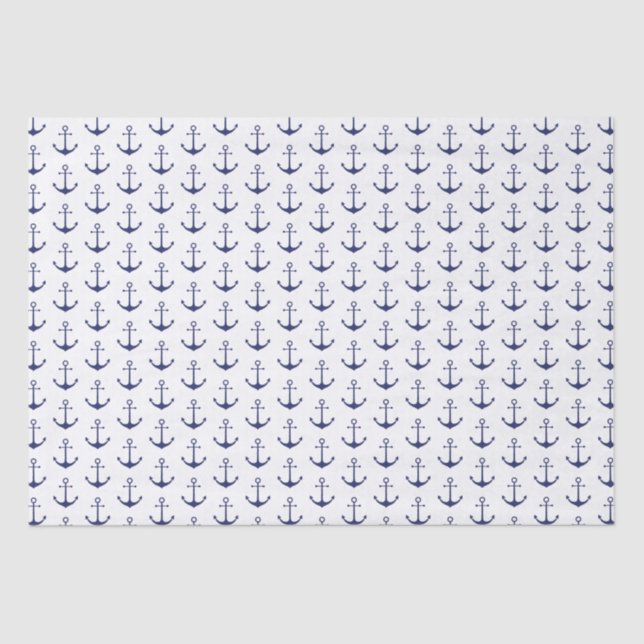 Navy Blue white nautical anchor pattern Tissue Paper (Front)