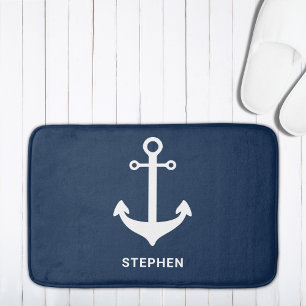 Navy Blue White Nautical Anchor Personalised Bath Mat