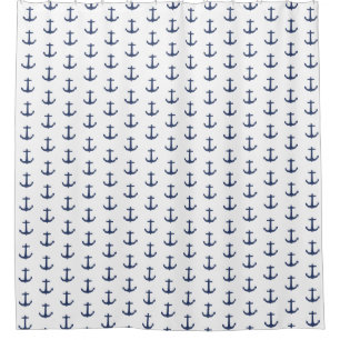 Navy Blue White Nautical Anchor Shower Curtain