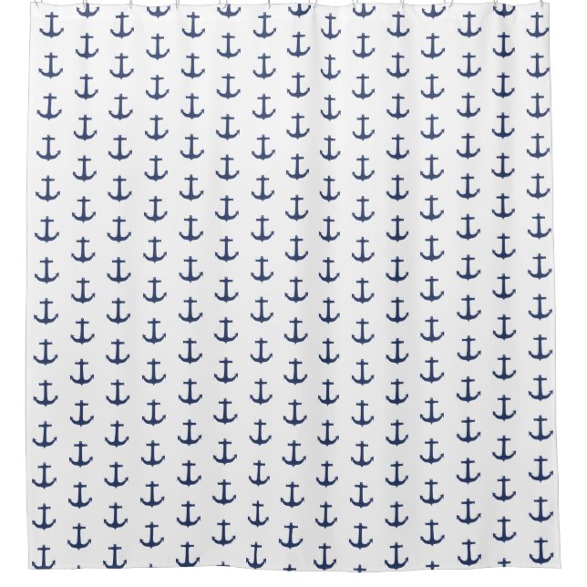 Navy Blue White Nautical Anchor Shower Curtain (Front)