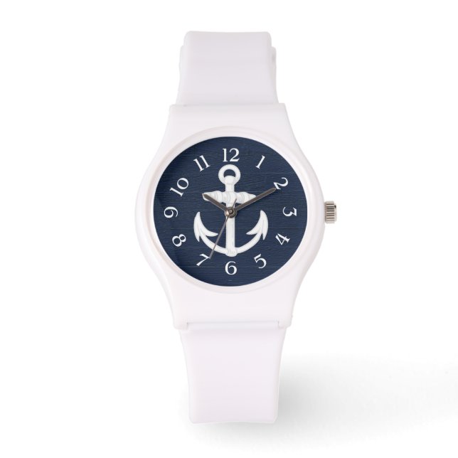 Navy Blue/White Nautical Anchor w/Numbers Watch (Front)