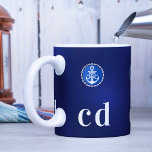Navy blue white nautical boat monogram initials coffee mug<br><div class="desc">A navy blue background. The blue colour is uneven. Decorated with a ship anchor and steering wheel. Personalise and add your monogram initials (x3)</div>