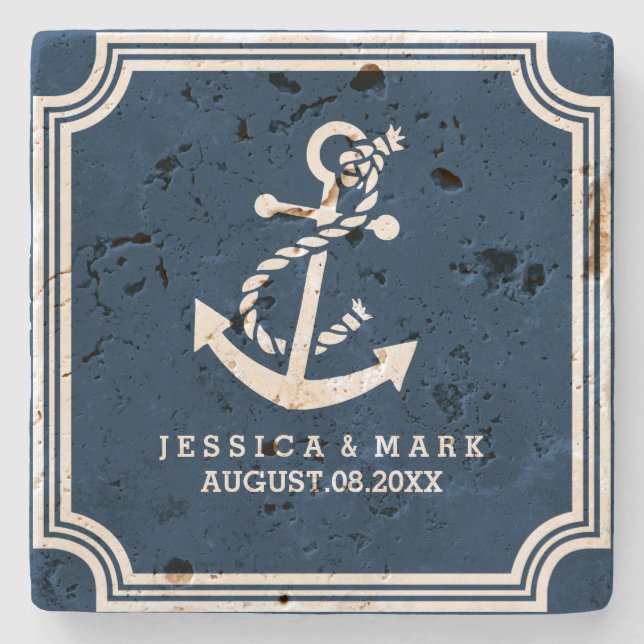 Navy Blue & White Nautical Both Anchor & Frame Stone Coaster (Front)