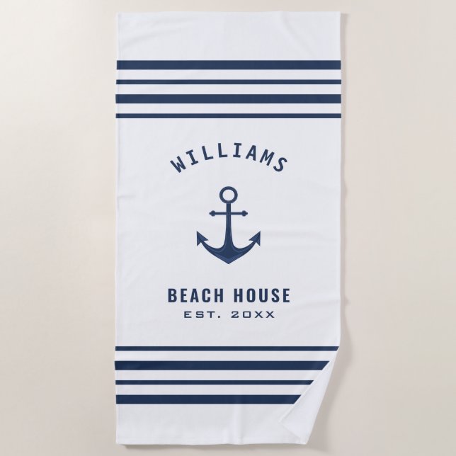 Navy Blue White Nautical Family Name Beach House Beach Towel (Front)