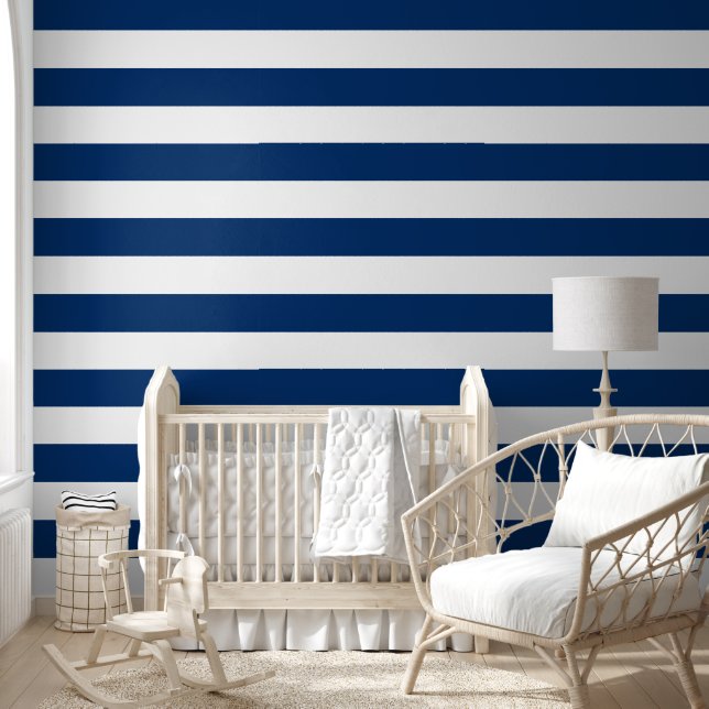 Navy Blue White Nautical Horizontal Stripes Lines Wallpaper (Kids)