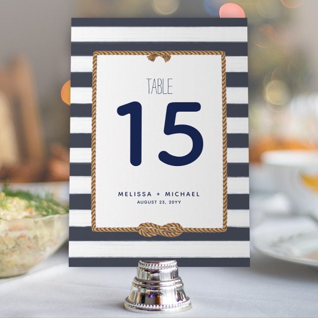 Navy Blue & White Nautical Knot Table Number (5x7) (Modern Navy and White Striped Nautical Wedding or Event Table Numbers (Available for Download))