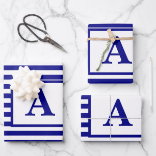 Navy Blue White Nautical Monogram Custom Christmas Wrapping Paper Sheet