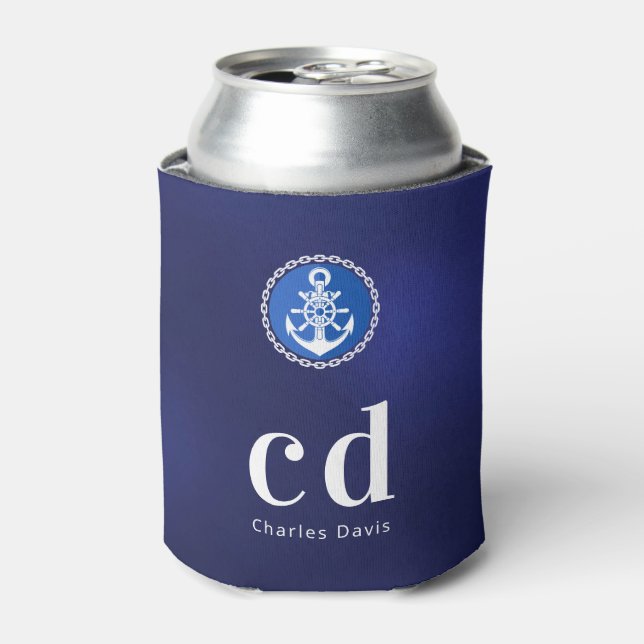 Navy blue white nautical monogram initials name can cooler (Can Front)