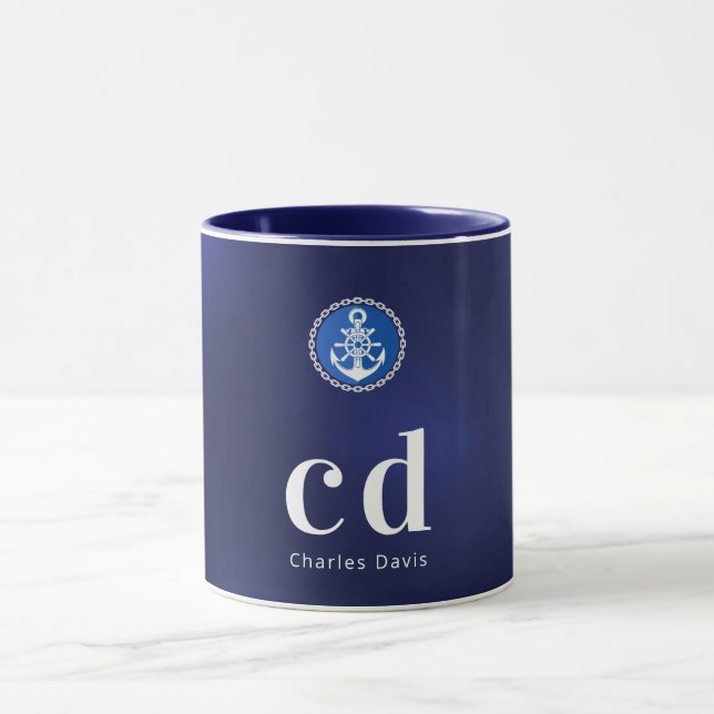 Navy blue white nautical monogram initials name mug (Center)
