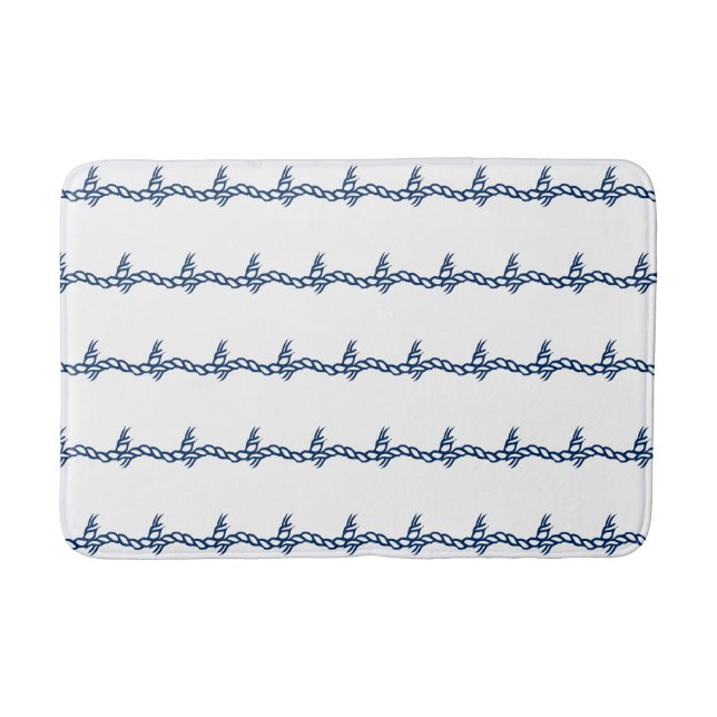 Navy Blue white nautical rope waves pattern Bath Mat (Front)