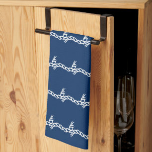 Navy Blue white nautical rope waves pattern Kitche Tea Towel