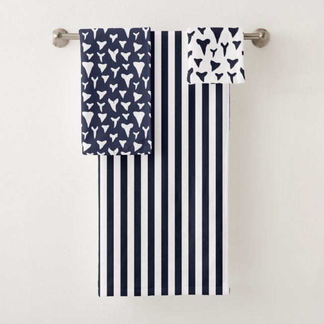 Navy Blue White Nautical Shark Teeth Pattern Bath Towel Set (Insitu)