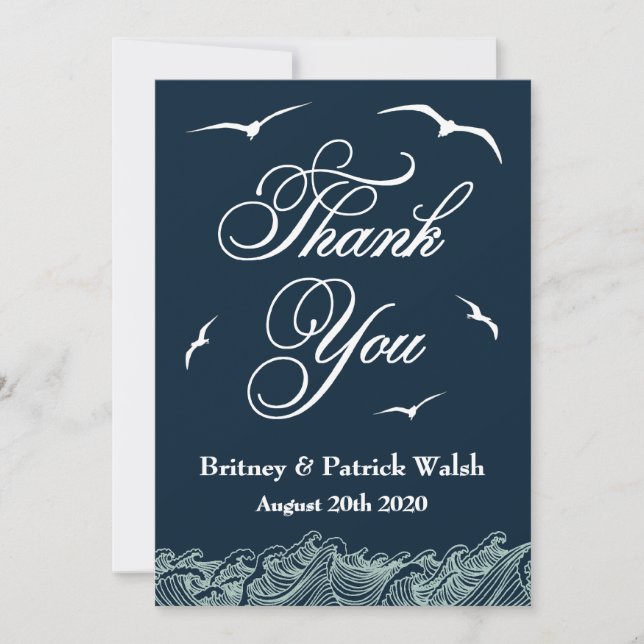 Navy Blue & White Nautical Wedding Thank You Cards (Front)