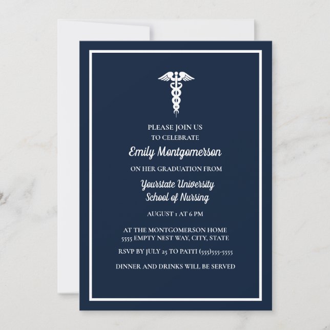 Navy Blue White Nursing School Graduation Party Invitation (Front)