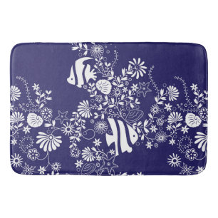 Navy Blue White Ocean Life Pattern Bath Mat