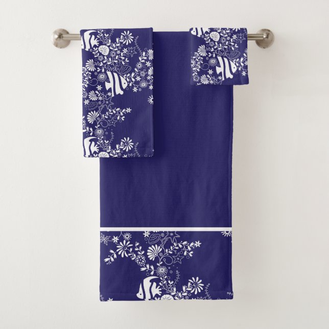 Navy Blue White Ocean Life Pattern Bath Towel Set (Insitu)