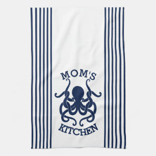 Navy Blue & White Octopus And Stripes Combination Tea Towel