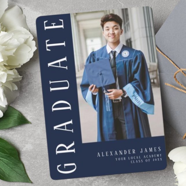 Navy Blue White One Photo Graduation  Invitation (Creator Uploaded)