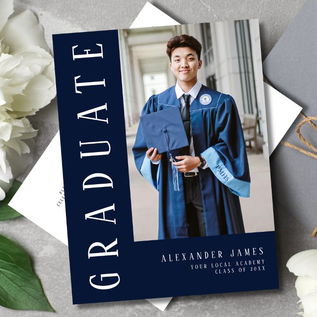 Navy Blue White One Photo Graduation Invitation Postcard (Creator Uploaded)