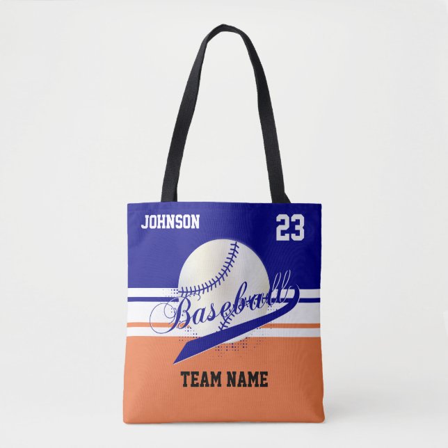 Navy Blue, White, Orange for a Baseball Team Tote Bag (Front)