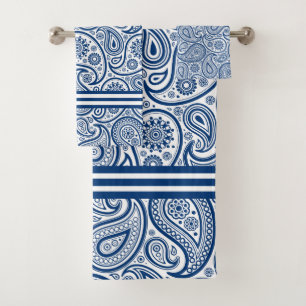 Navy Blue & White Paisley Pattern Stripes Accent Bath Towel Set