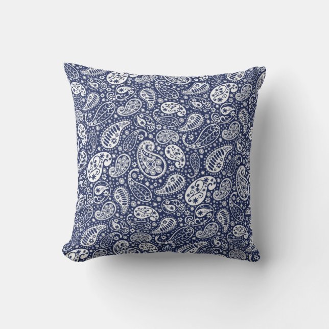 "Navy Blue White Paisley Throw Pillow" Cushion (Front)