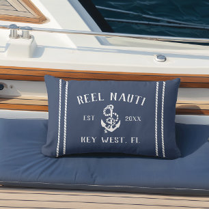 Navy Blue & White Personalised Boat Name Anchor Lumbar Cushion