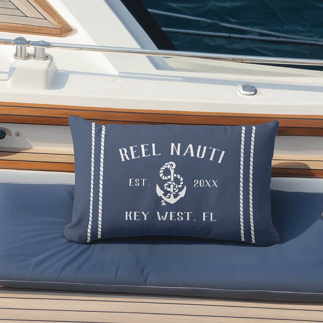 Navy Blue & White Personalised Boat Name Anchor Lumbar Cushion (Creator Uploaded)
