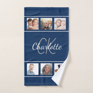 Navy blue white photo collage monogram script  bath towel set