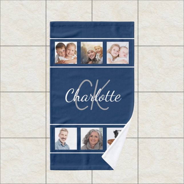 Navy blue white photo collage monogram script hand towel (Creator Uploaded)