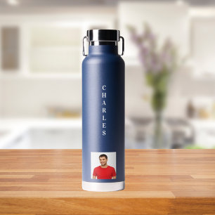 Navy blue white photo guy water bottle