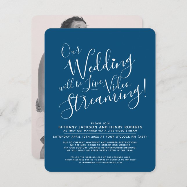 Navy blue white photo live streaming wedding invitation (Front/Back)