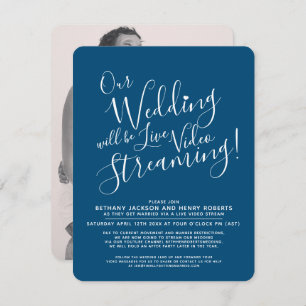Navy blue white photo live streaming wedding invitation