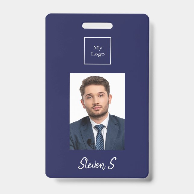 Navy blue white photo name business logo ID badge (Front)