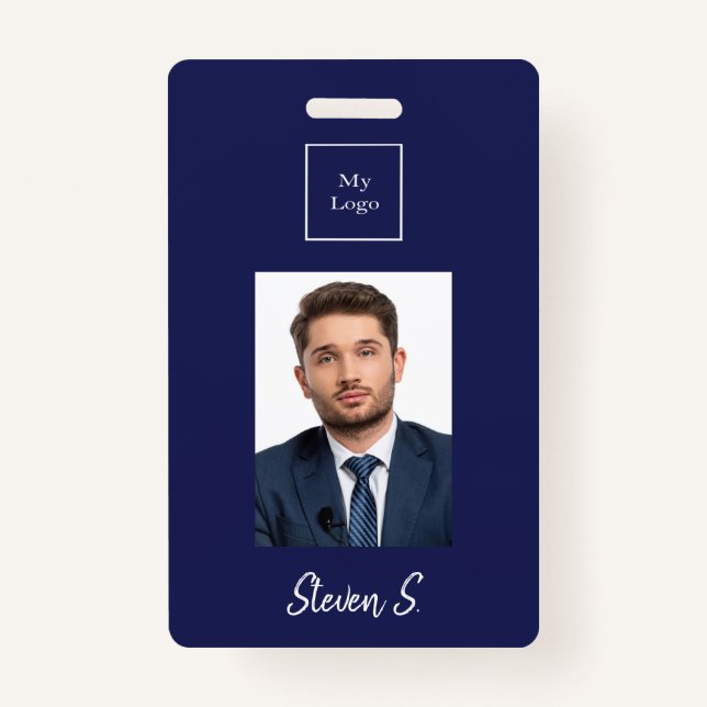 Navy blue white photo name business logo ID badge (Front)