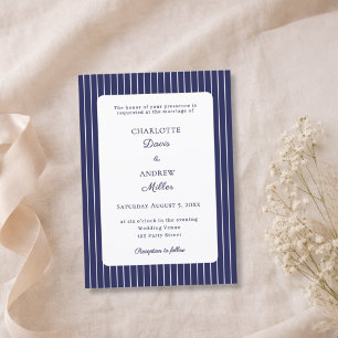 Navy Blue White Pinstriped Wedding Invitation