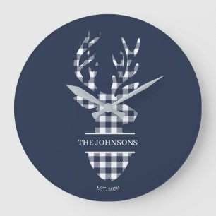 Navy Blue & White Plaid Deer Family Name Large Clock