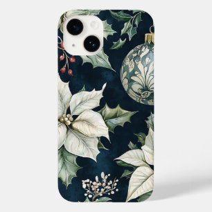 Navy Blue White Poinsettia Holly Christmas Case-Mate iPhone 14 Case